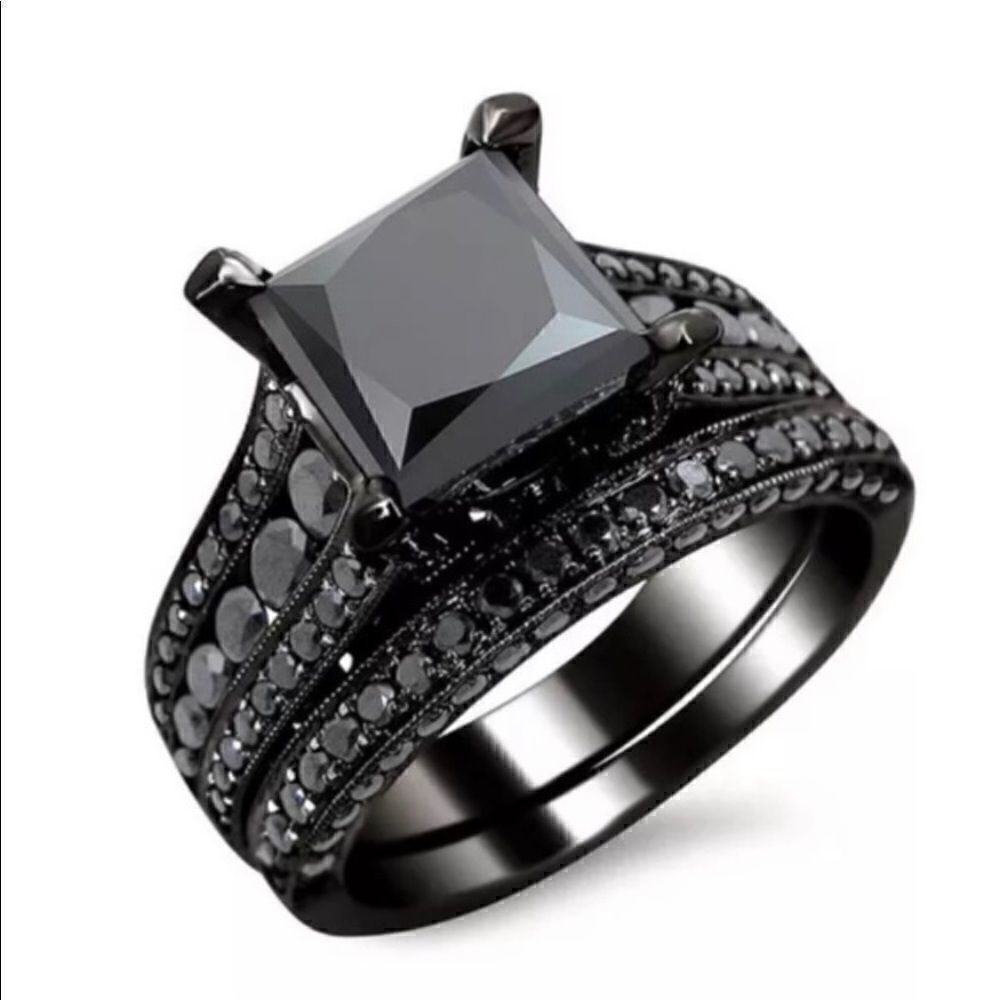 Black Grey CZ Diamond Engagement Bridal Wedding Band